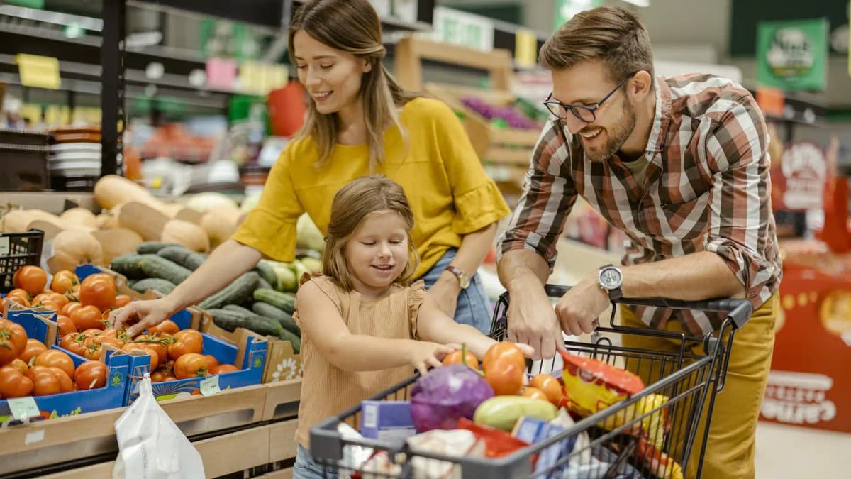 Familia feliz comprando en el supermercado
