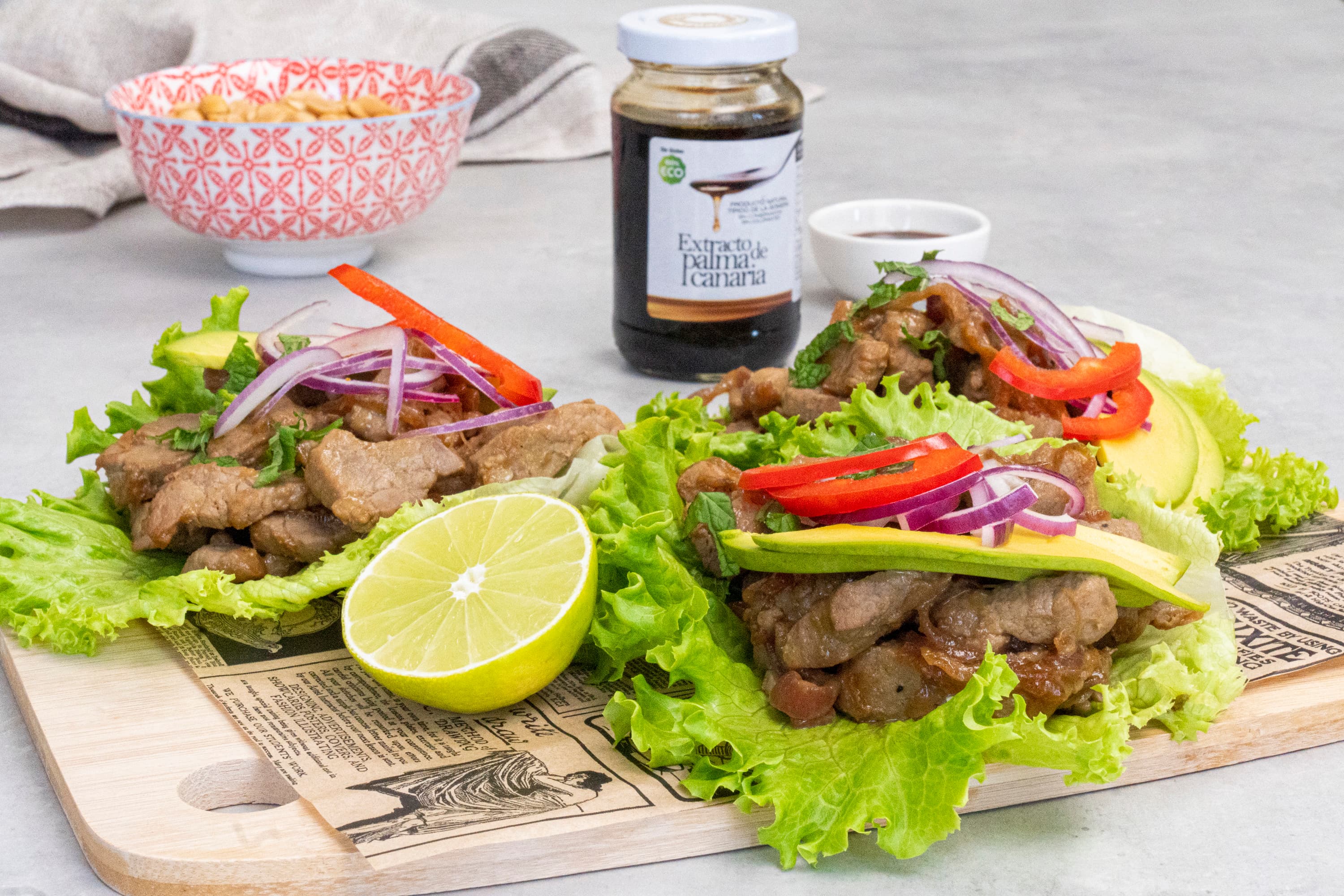 Tacos de cerdo glaseados con extracto de palma canaria