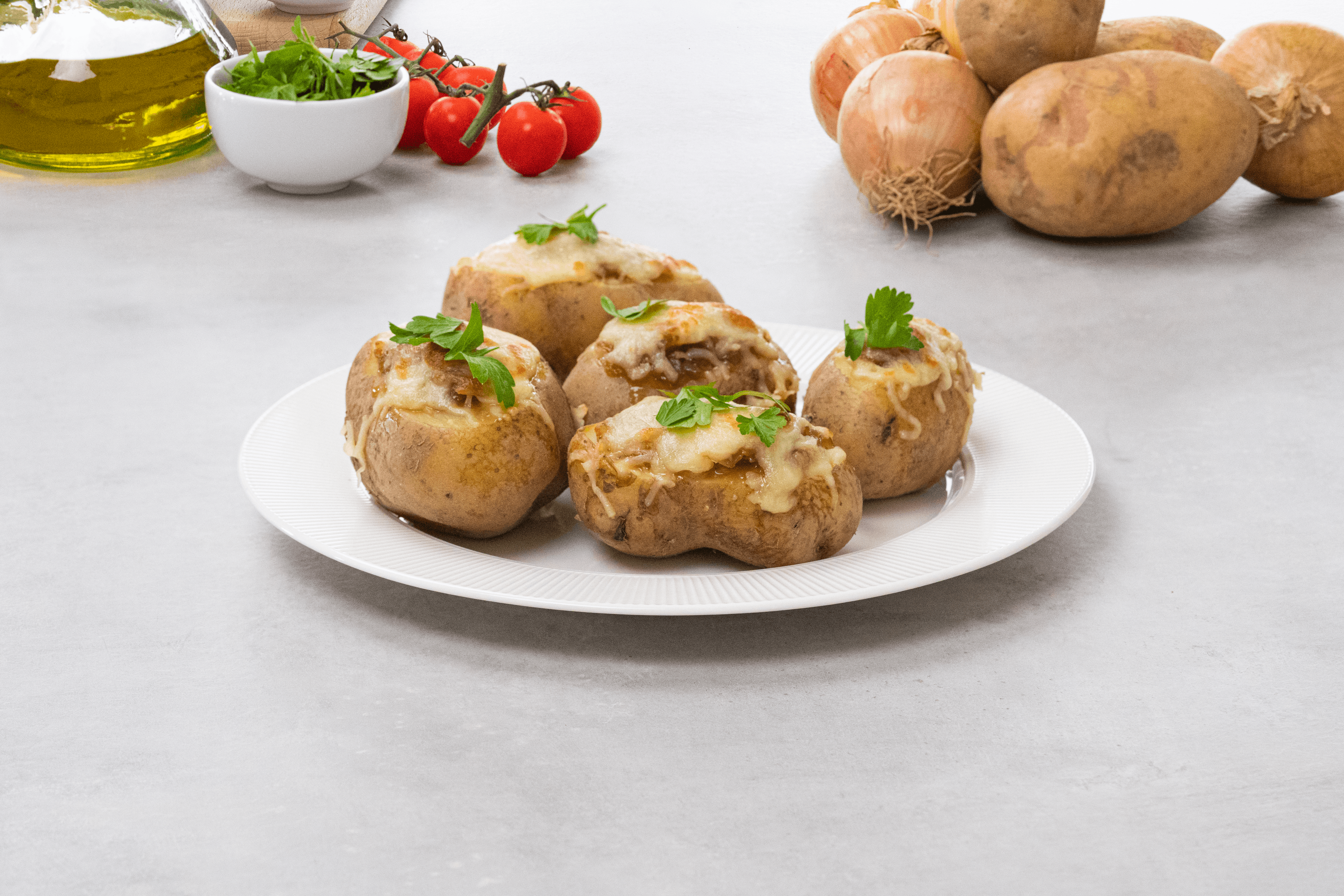 Papas rellenas de paté y cebolla caramelizada