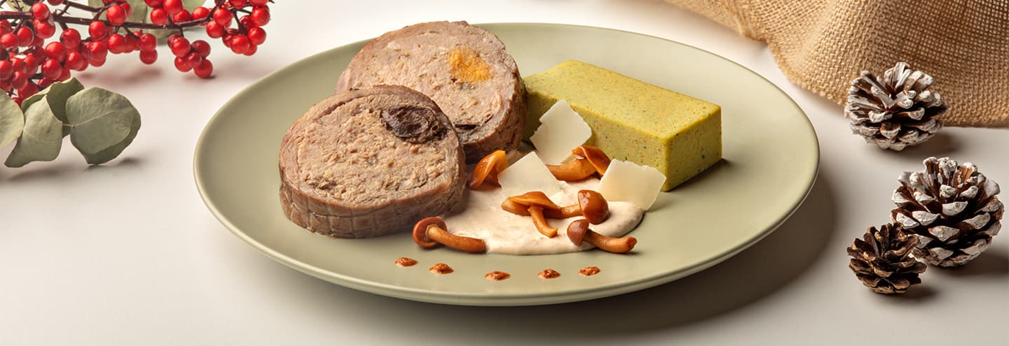 Redondo con crema de setas y pastel de verduras