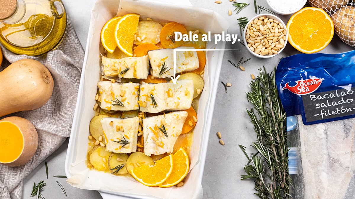 Bacalao al horno con calabaza, papas y naranja