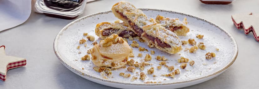 Hojaldre de membrillo con helado de manzana