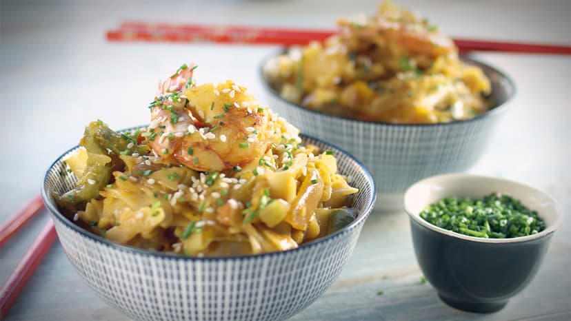Wok de verduras y langostinos