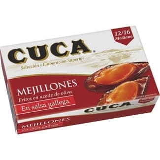 Mejillones en salsa a la gallega 12-16 piezas lata 65 g neto escurrido - Cuca
