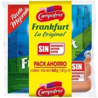 Salchichas Frankfurt cocidas de cerdo y pollo sabor ahumado pack 4 x 140 g envase 560 g sin gluten sin lactosa - Campofrio