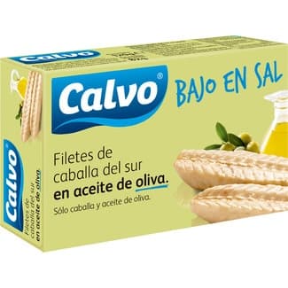 Filetes de caballa del sur en aceite de oliva bajo en sal lata 82 g neto escurrido - Calvo