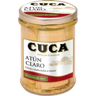 Atún claro en aceite de oliva filetes elaborados a mano frasco 117 g neto escurrido - Cuca