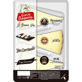 Tapa Gourmet selección de quesos Reserva 12, La Cava Barus y Pok envase 150 g elaborados con leche pasteurizada, cruda y termizada ya cortados - Garcia Baquero