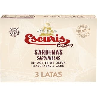 Tapeo sardinillas en aceite de oliva elaboradas a mano pack 3 latas 35 g neto escurrido - Escuris