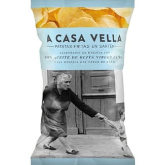 Patatas fritas elaboradas en aceite de oliva virgen extra y sal mineral del Valle de Añana envase 150 g - A Casa Vella