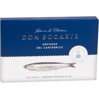 Filetes de anchoa de pesca selecta del Cantábrico en aceite de oliva virgen bajos en sal lata 58 g neto escurrido - Don Bocarte