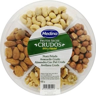 Frutos Secos Crudos 100% natural con 4 variedades de frutos secos bandeja 400 g nuez pelada, anacardo cruda, almendra con piel cruda y avellana cruda - Medina