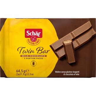 Twin Bar galletas de barquillo cubiertas de choco-leche sin gluten 3 unidades envase 64,50 g Bolsa 3x21,5grs - Schar