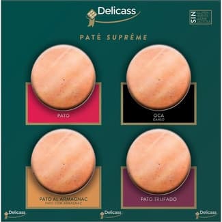 Supreme surtido de 4 patés pato, oca, pato al armagnac y pato trufado envase 70 g sin gluten sin lactosa - Delicass