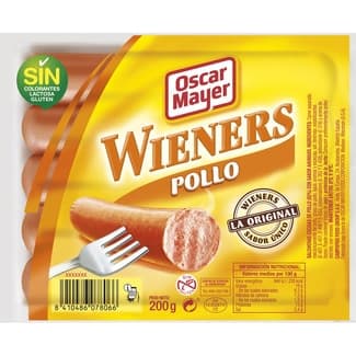 Wieners salchichas cocidas de pollo sabor ahumado sin gluten sin lactosa 5 piezas envase 200 g - Oscar Mayer