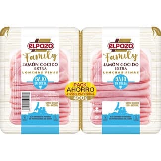 Family jamón cocido extra bajo en grasa en lonchas finas pack 2 x 200 g envase 400 g sin gluten sin lactosa pack ahorro - Elpozo