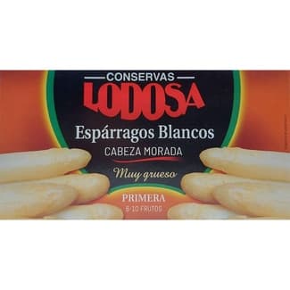 Espárragos blancos muy gruesos cabeza morada 6-10 piezas lata 250 g neto escurrido - Lodosa