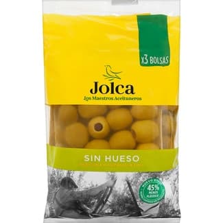 Aceitunas verde manzanilla fina sin hueso pack 3 bolsas 65 g neto escurrido - Jolca