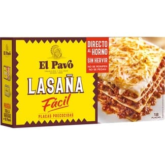 Lasaña fácil 18 placas precocidas directa al horno caja 200 g - El Pavo