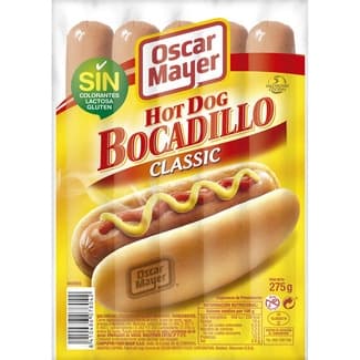 Hot Dog Bocadillo Classic salchichas cocidas de cerdo y pollo con sabor ahumado 5 piezas envase 275 g sin gluten sin lactosa - Oscar Mayer