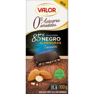 Chocolate negro 85% con almendras troceadas sin gluten 0% azúcares añadidos tableta 100 g edulcorado con stevia - Valor