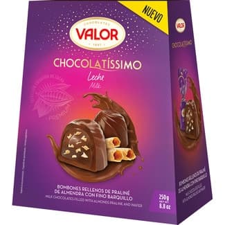Chocolatíssimo bombones de chocolate con leche rellenos de praliné de almendra y barquillo estuche 250 g - Valor