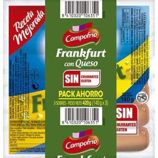 Salchichas Frankfurt cocidas de cerdo y pollo con queso sabor ahumado pack 3 x 140 g envase 420 g sin gluten - Campofrio