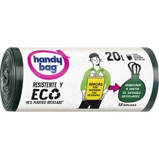 Bolsas de basura reciclada resistente y eco 45x50 20 litros para cubo cocina pequeño rollo 15 unidades - Handy Bag