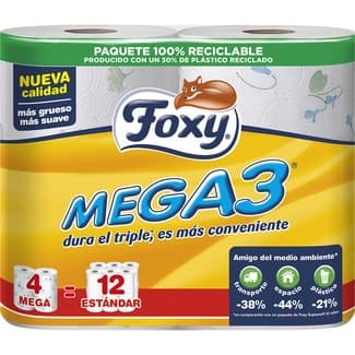 Mega 3 papel higiénico triple rollo decorado 2 capas paquete 4 rollos - Foxy