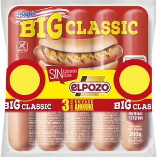 Big Classic salchichas cocidas de cerdo y pavo sabor ahumado pack 3 x 200 g envase 600 g sin gluten - Elpozo