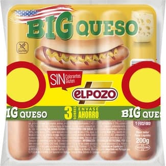 Big Queso salchichas cocidas de cerdo con queso sabor ahumado pack 3 envase 600 g sin gluten sin lactosa - Elpozo