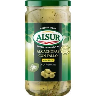 Alcachofas con tallos grandes a la romana 5-7 piezas frasco 360 g neto escurrido - Alsur