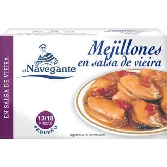 Mejillones en salsa vieira 13-18 piezas lata 65 g neto escurrido - Navegante
