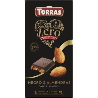 Zero chocolate negro 72% cacao con almendras sin gluten 0% azúcares añadidos tableta 150 g - Torras