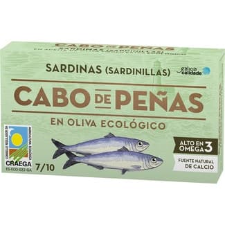 Sardinillas en aceite de oliva ecológico 7-10 piezas lata 60 g neto escurrido - Cabo De Peñas