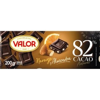 Chocolate negro 82% cacao natural con naranja y almendra sin gluten tableta 200 g - Valor