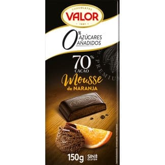 Chocolate negro 70% con mousse de naranja 0% azúcares añadidos y sin gluten tableta 150 g - Valor