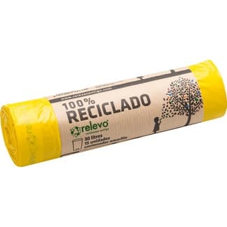 Bolsas de basura amarillas 100% reciclado para cubo normal 30 litros rollo 15 unidades - Relevo