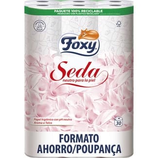 Papel higiénico Seda con pH neutro 3 capas aroma a talco paquete 30 rollos - Foxy