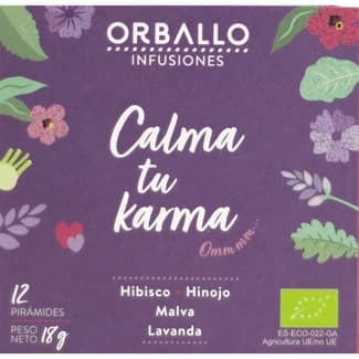 Calma tu Karma infusión ecológica con hibisco, malva, hinojo y lavanda estuche 12 pirámides - Orballo