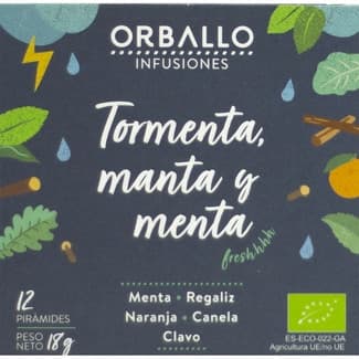 Tormenta, Manta y Menta infusión ecológica con menta, regaliz, naranja, canela y clavo estuche 12 pirámides - Orballo