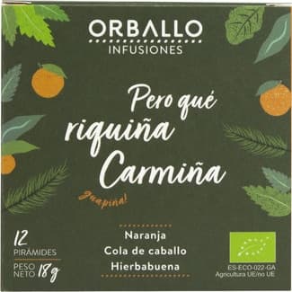 Pero que Riquiña, Carmiña infusión ecológica con naranja, cola de caballo y hierbabuena estuche 12 pirámides - Orballo