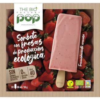 Pop sorbete vegano y ecológico con fresas 3 unidades envase 258 ml - The Bio Factory