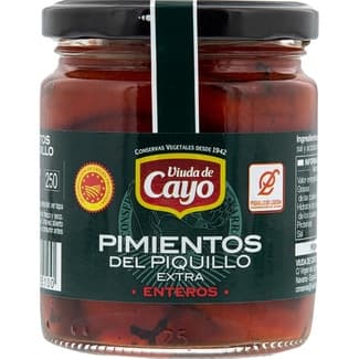 Pimientos del piquillo DOP de Lodosa enteros frasco 205 g neto escurrido - Viuda De Cayo