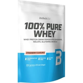 Pure Whey 100% bebida proteíca en polvo con sabor a fresa sin gluten envase 454 g sin aceite de palma - Biotech Usa