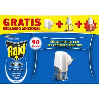 Insecticida volador eléctrico líquido antimosquitos comunes y tigre sin olor 1 difusor + recambio 1 unidad + 1 recambio gratis - Raid