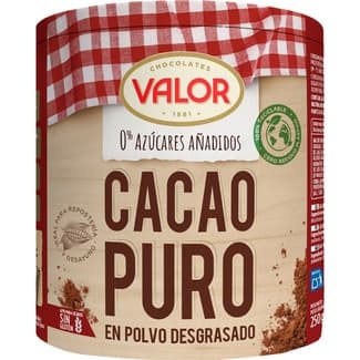 Cacao puro en polvo desgrasado 0% azúcares añadidos 100% cacao natural sin gluten bote 250 g - Valor
