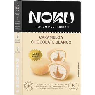 Mochi de crema helada de chocolate blanco con corazón de avellana estuche 6 unidades envuelta en suave masa de arroz con caramelo sin gluten - Noku