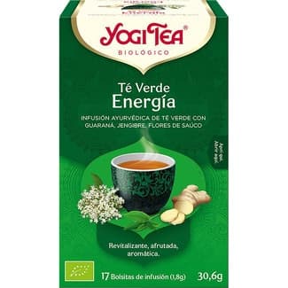 Infusión ayurvédica ecológica de té verde con guaraná, jengibre y flores de saúco estuche 17 bolsitas sin gluten - Yogi Tea