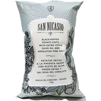 Patatas fritas con pimienta negra con aceite de oliva Virgen Extra y sal rosa del Himalaya bolsa 150 g - San Nicasio